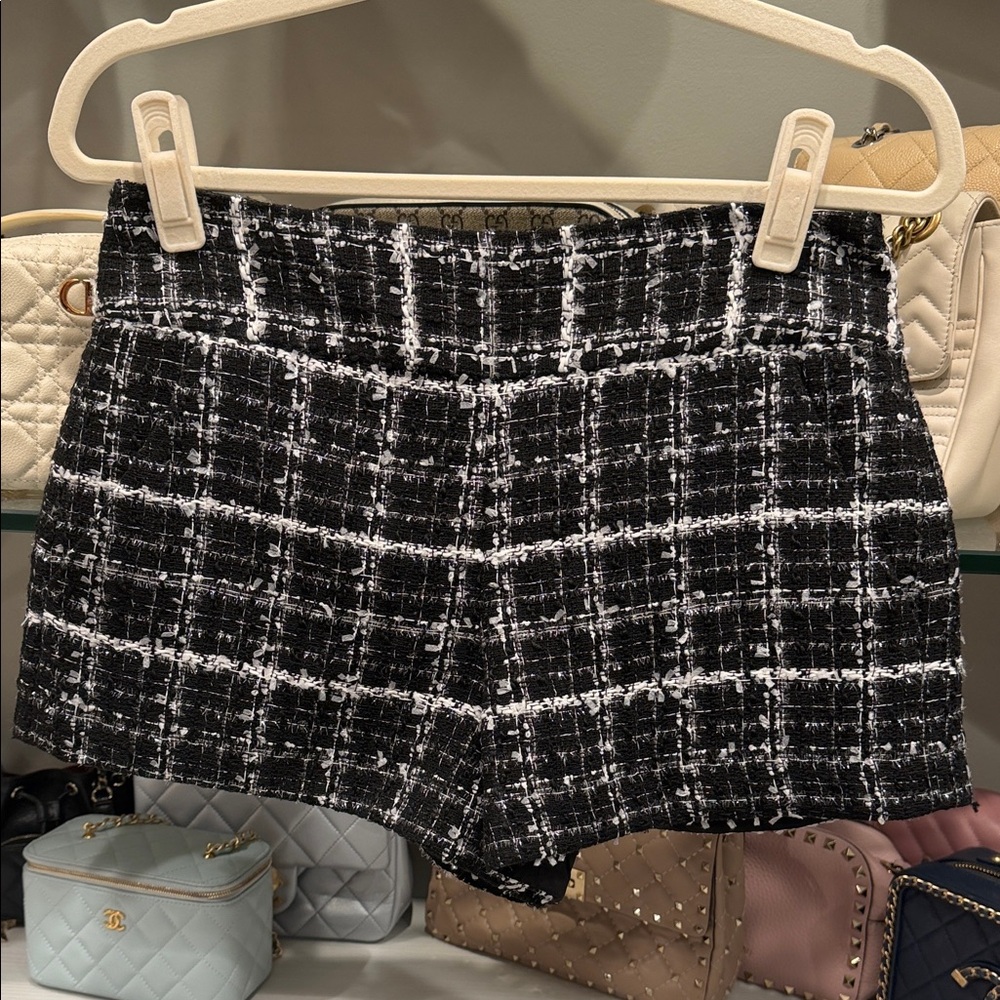 Alice + Olivia Black & White Tweed High-Waist Shorts